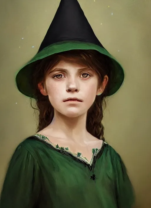 Prompt: a portrait of an eleven year old girl with brown hair. she is wearing a simple green dress and a black pointed witch hat. beautiful painting with highly detailed face by greg rutkowski and magali villanueve