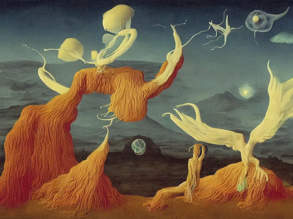 Image similar to albino mystic, with his back turned, looking at the Aurora over over the volcano in the distance, with beautiful exotic hoopoe, jellyfish. Painting by Jan van Eyck, Audubon, Rene Magritte, Agnes Pelton, Max Ernst, Walton Ford