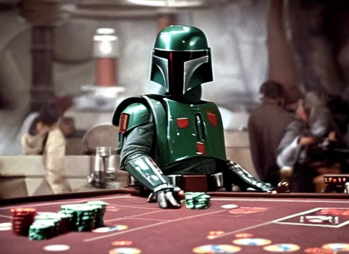 Image similar to film still of Boba Fett gambling in vegas in Star Wars The Empire Strikes Back,