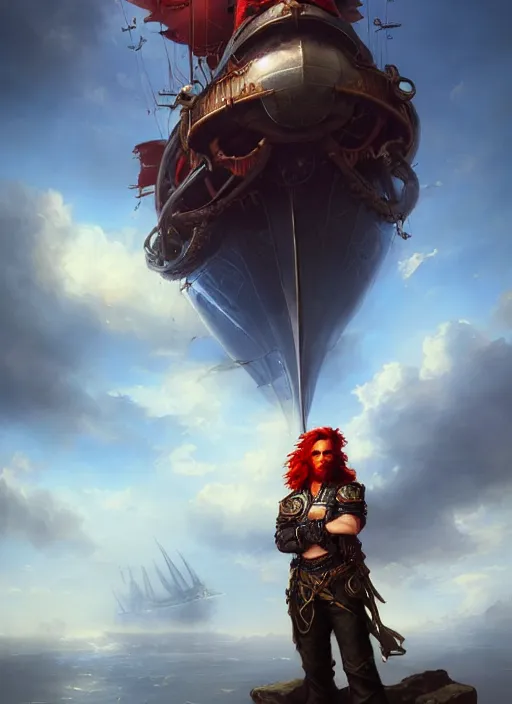 Prompt: portrait painting of a long haired, red headed male sky pirate in front of steampunk airship by raphael lacoste and stephan martiniere fantasy soft hair trending on artstation key art dramtic volumetric lighting, 4 k, award winning