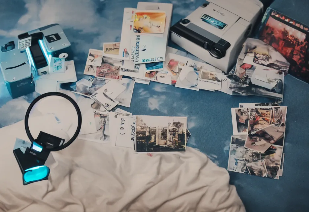 Image similar to 3 d ✈ popping out of curved movie screen, bedroom, volumetric lighting, sleeping, pair of keycards on table, bokeh, creterion collection, shot on 7 0 mm, instax