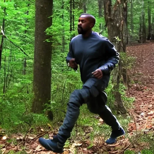 Image similar to trailcam footage of kanye west running in the forest