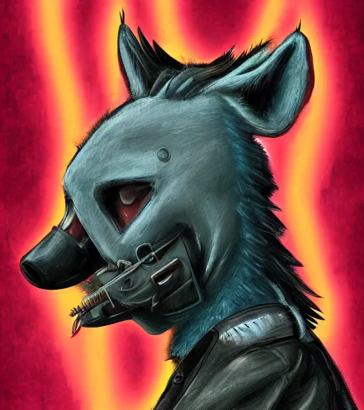 Image similar to digital painting of anthromorphic hyena female smoking cigarrete in cyberpunk style, fursona, furry fandom, furaffinity, neon rainy cyberpunk setting, anthro, wearing cyberpunk leather jacket, detailed face,