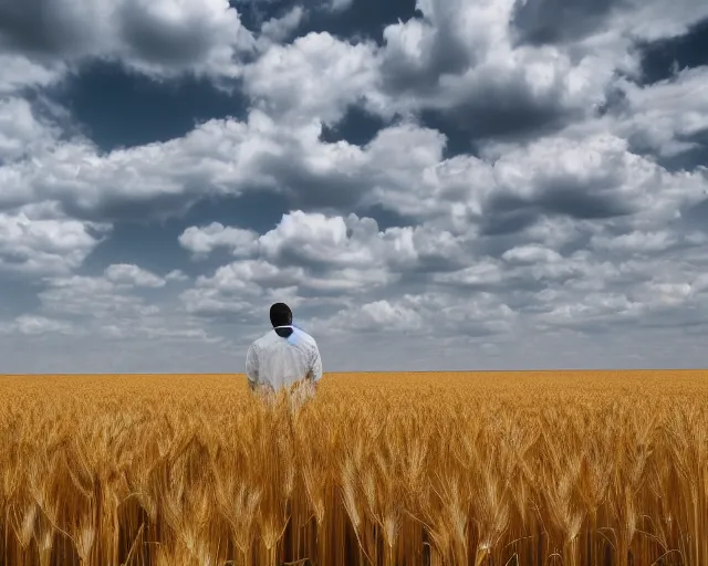 Image similar to walter white gustavo fring facing each other in a wheat field, side view, 3 5 mm photograph, 8 k resolution, wide shot, sharp lens