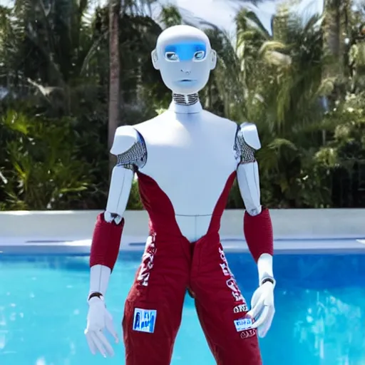 Image similar to f 1 driver charles leclerc, on display, posing like a statue, showing off his muscles, humanoid robot, who is a male android, shiny skin, made of ice, frozen ice statue, by the pool, a realistic detailed photo of a guy who is an attractive humanoid who is half robot and half humanoid, blank stare