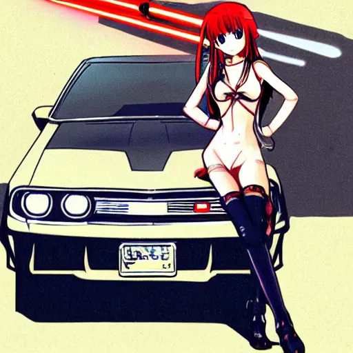 Image similar to generic anime girl with lightsaber driving general Lee.