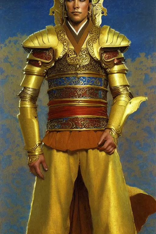 Image similar to tales of earthsea, attractive male with golden armor, ming dynasty, character design, painting by gaston bussiere, craig mullins, j. c. leyendecker, tom of finland