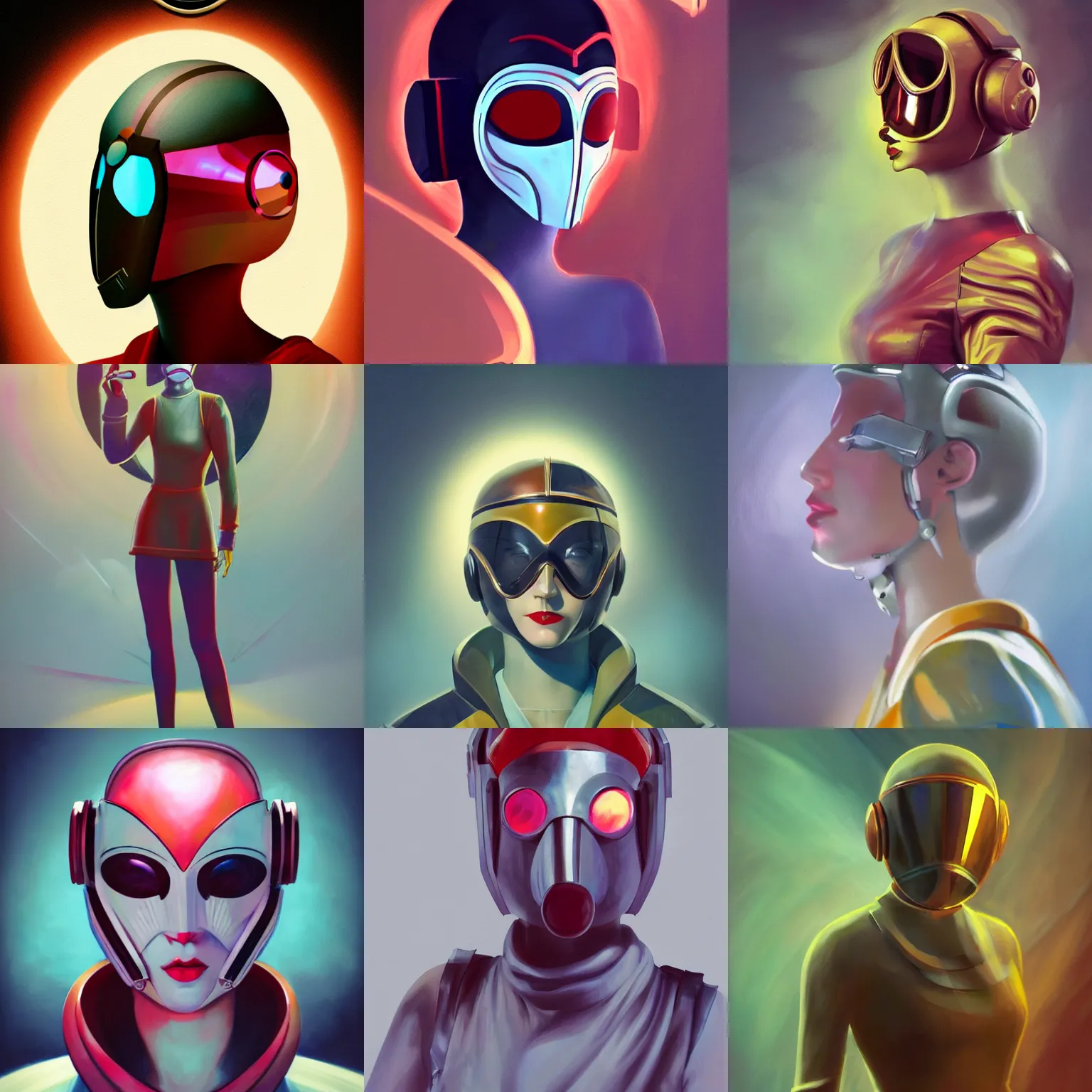 Prompt: art deco style, feminine sci - fi pilot, full mask, oil paint concept art, alchemic, vibrant volumetric cinematic lighting