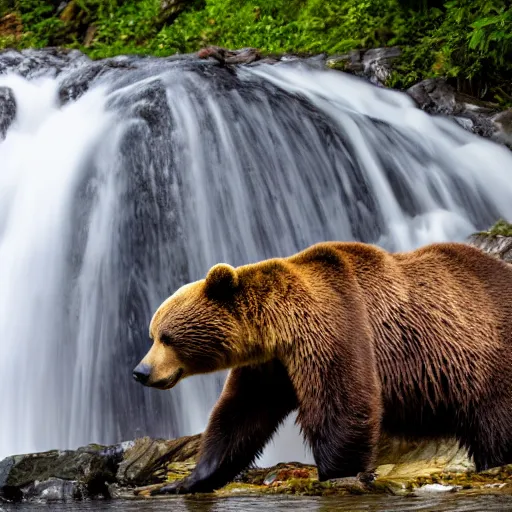 Prompt: dozens!!! of bears!!! catching salmon on a small waterfall in alaska, detailed, wide angle, 4 k