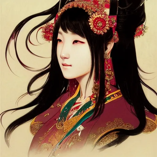 Image similar to a beautiful portrait of hatsune miku with long black and deep red colored hair dressed as a 1 st century chinese noblewoman, intricate, elegant, highly detailed, digital painting, artstation, concept art, matte, sharp focus, illustration, art by greg rutkowski and alphonse mucha