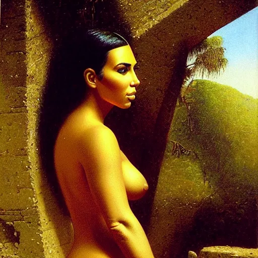 Prompt: detailed portrait of kim kardashian in mayan pyramid jungle ruins by jean - leon gerome