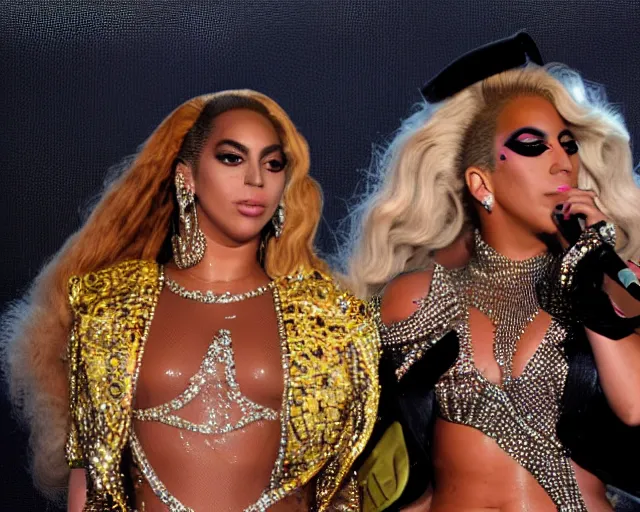 Image similar to Lady gaga and Beyonce perfom together at a concert, EOS 5D, ISO100, f/8, 1/125, 84mm, RAW Dual Pixel, Dolby Vision, HDR, AP, Featured