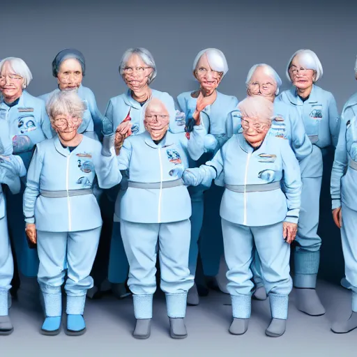 Image similar to troop of 1 2 0 - year - old grannies with white bob hairdos, tight light blue neopren pilot suits, futuristic cloning facility, sci - fi, highly detailed, cinematic