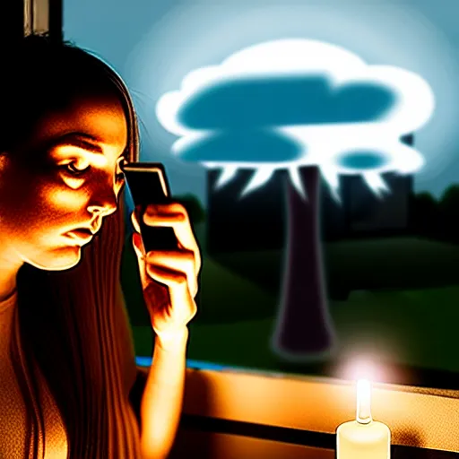 Image similar to teenage girl sitting at bedroom window staring down at her phone, a mushroom cloud outside lights the side of her face, intimate, dark, surreal photography