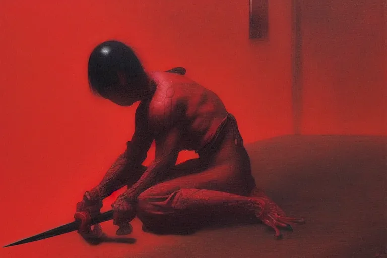 Image similar to only with red, a red samurai do seppuku, tokio, a lot of frogs watch, in the style of beksinski, parts by edward hopper, parts by rodcenko, parts by yue minjun, intricate and epic composition, red by caravaggio, insanely quality, highly detailed, masterpiece, red light, artstation, 4 k