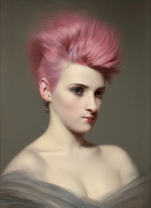 Prompt: a detailed portrait of 3 0 year old girl with a mohawk by edouard bisson, pink hair, punk rock, looking at the camera, oil painting, muted colours, soft lighting