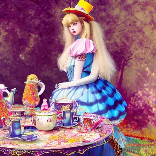 Prompt: Alice in Wonderland having a tea party with the Mad Hatter, style inspired by shoujo manga, harajuku fashion, John Singer Sargent, yayoi kusama, dramatic composition, ethereal, Victorian, photorealistic 4k detail, Arnold render