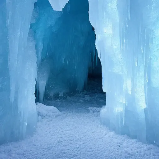 Image similar to an ice cave in iceland, glacial ice, yakutsk frozen ice cave, stalagmites, icicles, deep cave