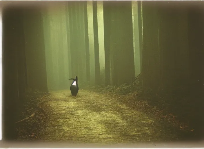 Image similar to medium shot, a plague doctor walks towards a house, woods, horror, night, polaroid photo, vintage, neutral colors, by gregory crewdson,