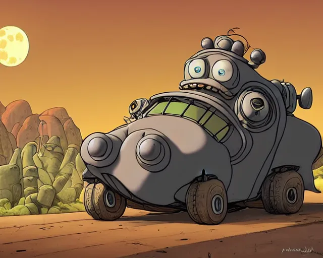 Prompt: a cell shaded cartoon giant grey lovecraftian mechanized fred flintstone from howl's moving castle ( 2 0 0 4 ), with a big head, on a desert road, wide shot, in front of a big moon, muted colors, post grunge, josan gonzales, wlop, by james jean, victor ngai, hq, deviantart, art by artgem