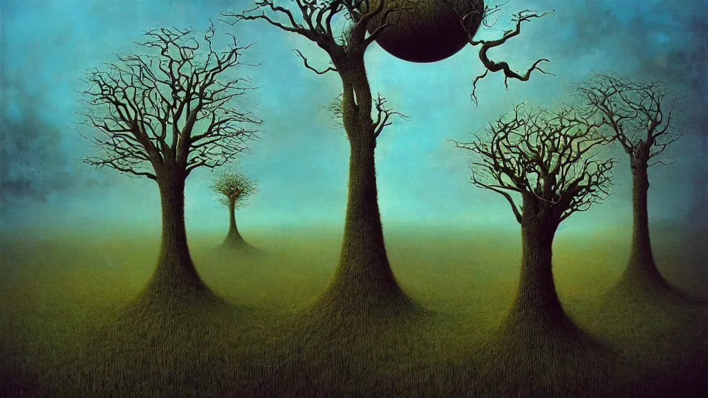 Prompt: surreal landscape, surrealism, whirling swirling trees, esao andrews, beksinski, victor enrich, dali