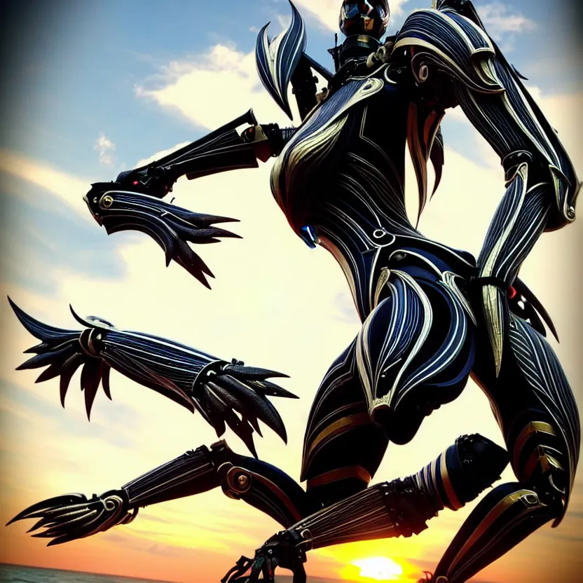 Prompt: looking up at a highly detailed 300 foot tall giant exquisite beautiful stunning valkyr female warframe, as an anthropomorphic robot dragon, posing elegantly over your tiny form, detailed legs looming over you, camera on the ground, at the beach on a sunset, sleek streamlined design, streamlined matte black armor, sharp detailed claws, detailed sharp robot dragon feet, worms eye view, giantess shot, upward shot, ground view shot, leg shot, front shot, epic cinematic shot, high quality warframe fanart, captura, realistic, professional digital art, high end digital art, furry art, giantess art, anthro art, DeviantArt, artstation, Furaffinity, 8k HD render, epic lighting