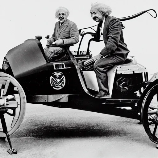 Image similar to Albert Einstein driving a Star Wars Speeder bike