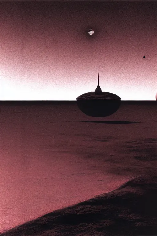 Prompt: emissary space by arthur haas and bruce pennington and john schoenherr, photo realism, cinematic matte painting, geodome, monochrome color palate, pink sunset,