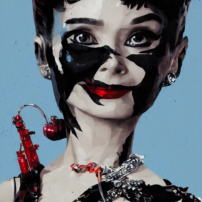 Prompt: portrait of Audrey Hepburn as a harley quinn. intricate abstract. intricate artwork. by Tooth Wu, wlop, beeple, dan mumford. octane render, trending on artstation, greg rutkowski very coherent symmetrical artwork. cinematic, hyper realism, high detail, octane render, 8k, iridescent accents