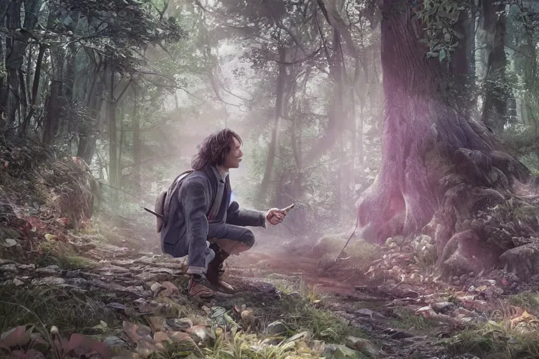 Prompt: adult frank dillane exploring the woods with winnie the pooh, beautiful, grand, wistful, hyperrealistic photograph by kim jung gi, extremely detailed, intricate linework, sharp focus, bright colors, octopath traveler, unreal engine 5 highly rendered, global illumination, radiant light, detailed and intricate environment, highly detailed face