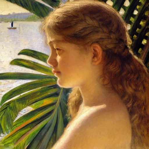 Image similar to a ultradetailed beautiful painting of a girl in the amazonas palace balustrade designed by jules bastien - lepage, hans belmer, frank weston and gustave baumann, beach, trending on artstation, mediterranean, palm trees, detailed face, sharp focus, soft light, 8 k 4 k