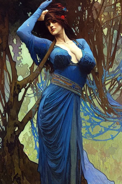 Image similar to A woman wearing blue clothes, fantasy, painting by greg rutkowski and alphonse mucha