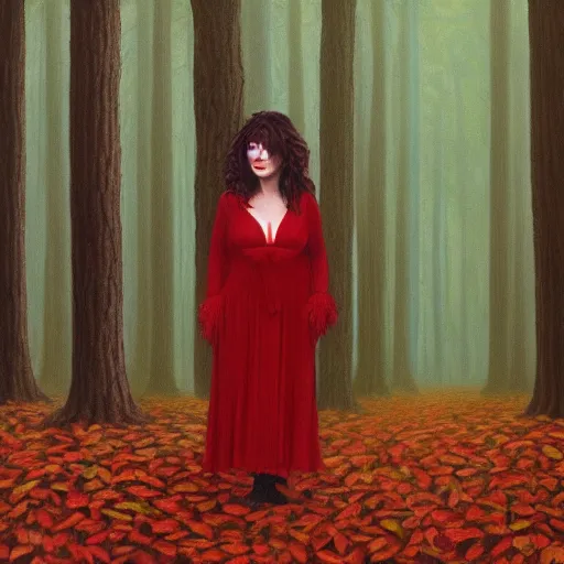 Image similar to kate bush standing in a red leafed a forest where no one is around to hear it, incredibly detailed oil painting, high octane, trending on artstation, incredible fineline, regal, fine art museum piece, drum scanner