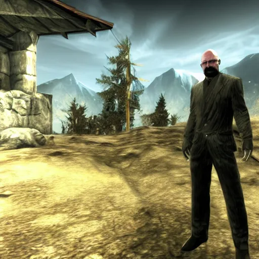 Image similar to in-game screenshot of Walter White as a detective in the game Skyrim