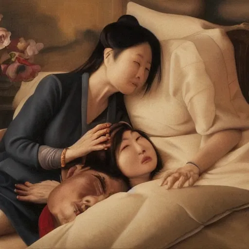 Prompt: An ultradetailed oil painting of Tsai Ing-wen and Nancy Pelosi lying in bed, kissing, by Michelangelo, 4k