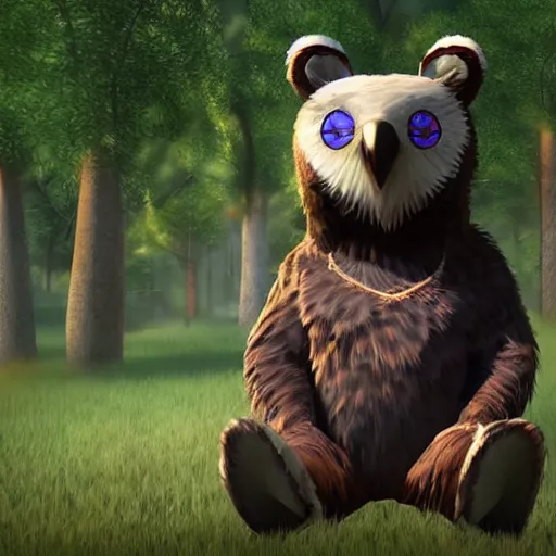 Image similar to bear with owl wings and anime eyes, high quality render, unreal engine , trending