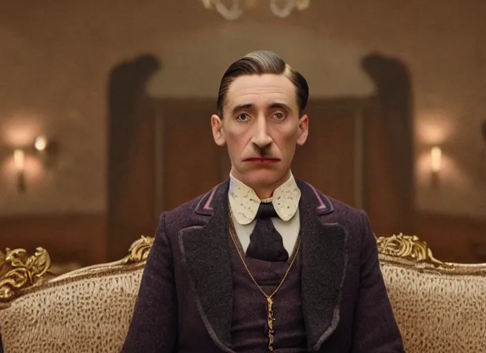 Prompt: a film still of a pompous ostrich in the grand budapest hotel ( 2 0 1 4 ) )