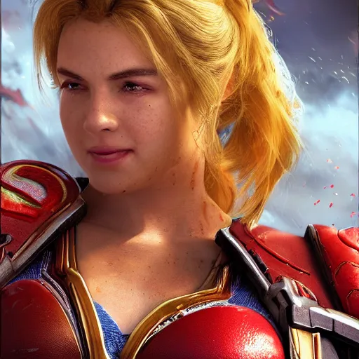 Image similar to portrait of princess peach as superman in gears of war, splash art, movie still, detailed face, photorealistic facial features, cinematic lighting, dramatic, octane render, long lens, shallow depth of field, bokeh, anamorphic lens flare, 8 k, hyper detailed, 3 5 mm film grain