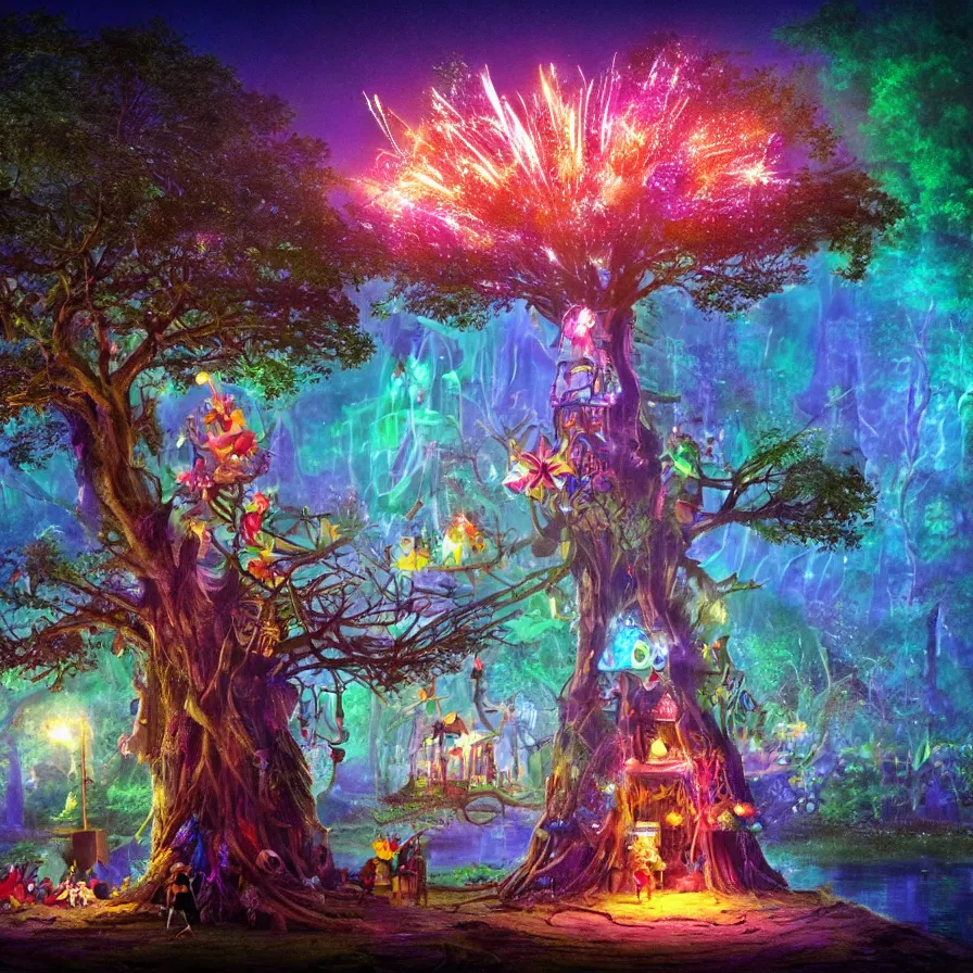 Image similar to closeup of a night carnival inside a tree cavity, a magical in a summer storm with a music scenario with many fireworks and christmas lights, next to a lake with iridiscent lake water, volumetric lightning, folklore people disguised with fantastic creatures in a magical forest by summer night, masterpiece painted fantasy art, scene by dark night environment, refraction lights, five star stories