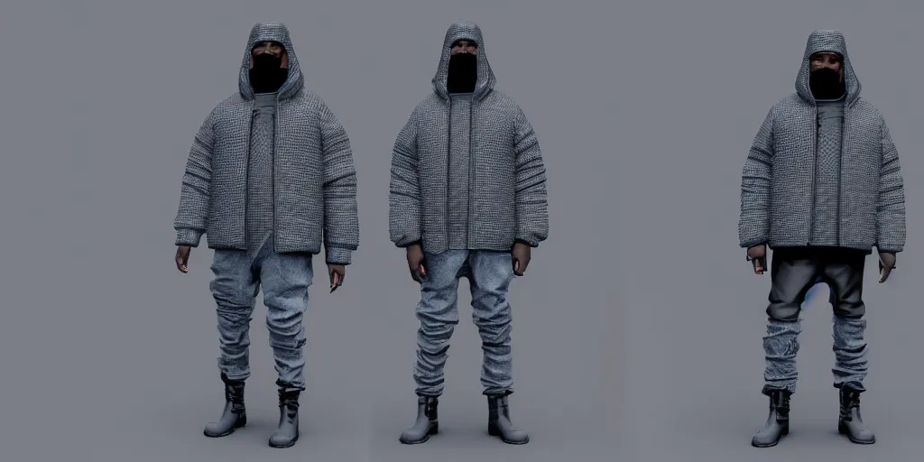 Image similar to kanye west using a full face covering black mask, a small, tight, undersized reflective bright blue round puffer jacket made of nylon, jeans pants and big black balenciaga rubber boots in 3 d, blender, octane render, 3 d render, realistic, unreal engine, trending on sketchfab, studio light, 4 k, 8 k