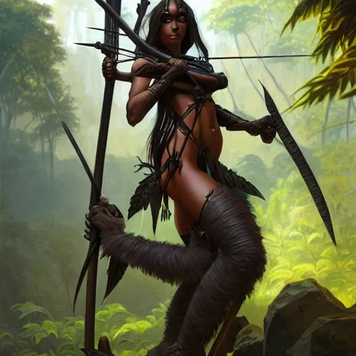 Prompt: portrait of a female dark elf archer, elegant, intricate, full frontal shot, jungle ruins background, highly detailed, digital painting, artstation, concept art, sharp focus, illustration, art by artgerm and greg rutkowski and alphonse mucha