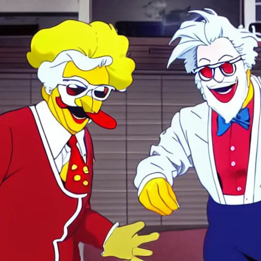 Prompt: Colonel Sanders and Ronald McDonald anime battle