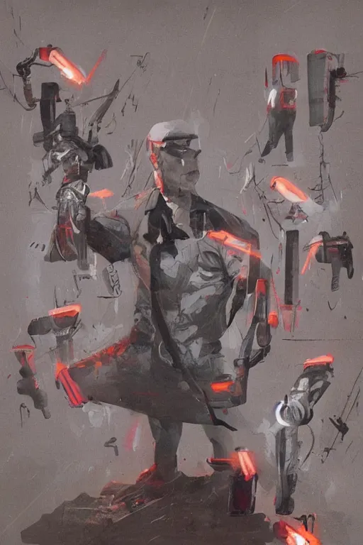 Prompt: an expressive full body portrait of agent 4 7 from hitman in a hallway full of guns, dark background, red rim light, digital art, artstation, concept art by giger stalenhag