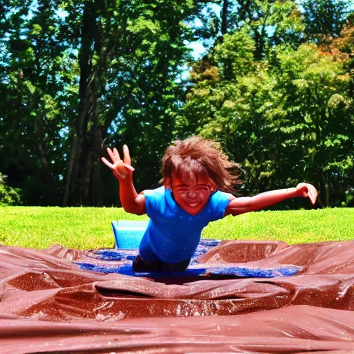 Image similar to kid going down chocolate pudding slip n slide head first, photo taken at the park