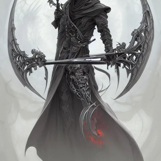 Image similar to the grim reaper, dark fantasy, intricate, huge elaborate scythe, elegant, highly detailed, digital painting, artstation, concept art, wallpaper, smooth, sharp focus, illustration, art by artgerm and greg rutkowski and alphonse mucha