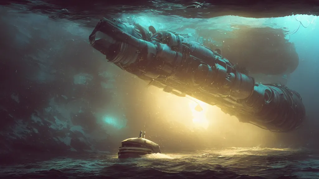 Image similar to a photorealistic hyperrealistic underwater render of a deep sea submersible with bright headlights attacked by a giant squid by greg rutkowski, james paick, wlop, nicolas bouvier sparth, stephan martiniere, dramatic moody lighting, underwater caustics, volumetric, light rays, cinematic atmosphere, octane render, artstation, 8 k