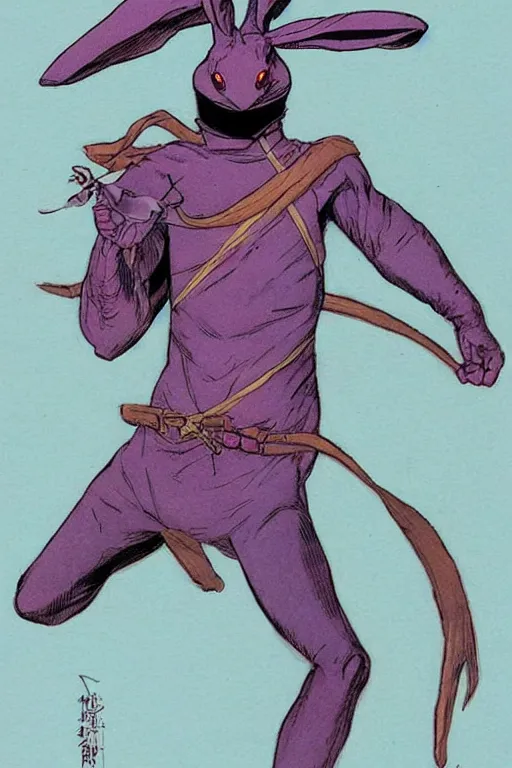 Image similar to awesome rabbit dressed as a ninja. concept art by James Gurney and Mœbius.