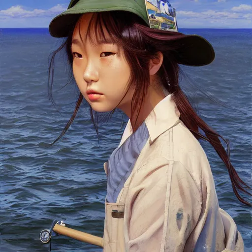 Prompt: oil painting by ilya kuvshinov, ross draws, artgerm, akira toriyama, eiichiro oda, of a youthful japanese girl, long hair, fishing and wearing fisherman's outfit, fisherman's hat, highly detailed, breathtaking face, studio photography, noon, intense bounced light, water reflection, large tree casting shadow, serine intense sunlight