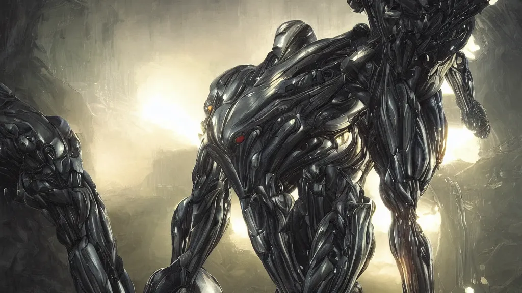 Image similar to crysis nanosuit with powerful biological muscle augmentation, at dusk, painted by tsutomu nihei, painted by artgerm and greg rutkowski