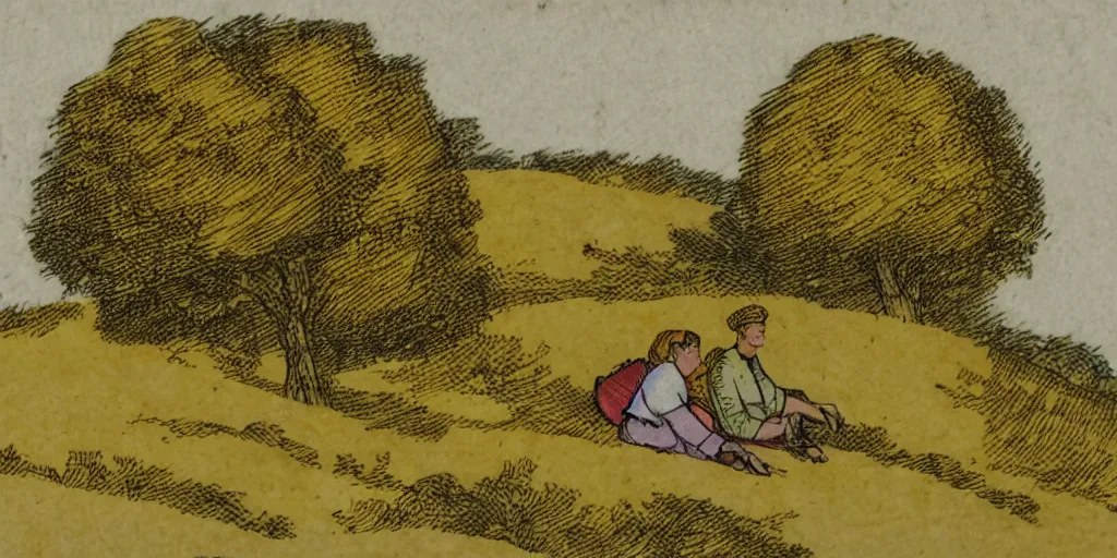 Image similar to a couple sits on a hill together as wind blows trees around, yellowed paper, pen and ink, 1 5 0 0 s, 8 k resolution